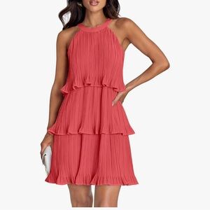 Coral Pleated Tiered Mini Halter Dress